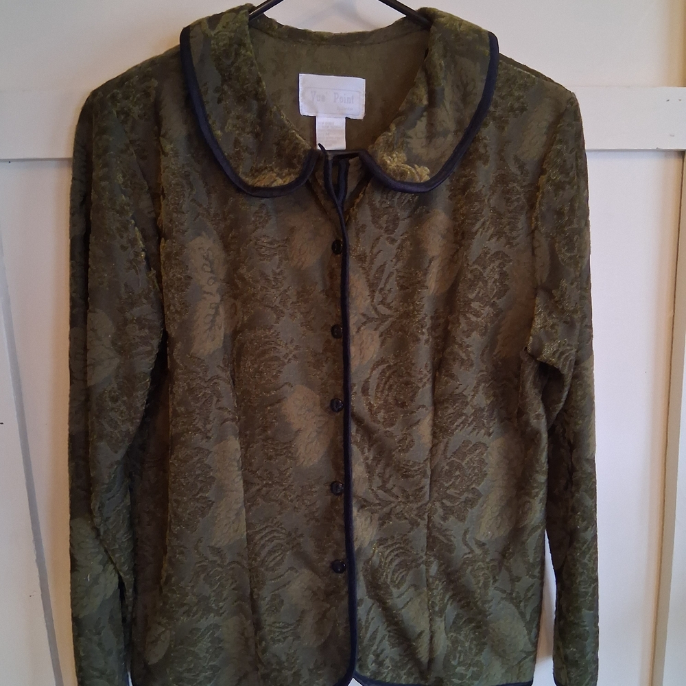 Vintage Olive Jacquard Blouse – Vue Point by Jordana – Size M – Peter Pan Collar